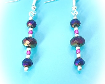 Handmade Aurora Borealis Crystal Dangle Earrings - Dark Purple
