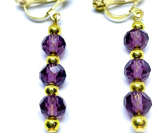 Amethyst Purple Triple Crystal Dangle Clip On Earrings – Handmade Gold Tone Non-Pierced