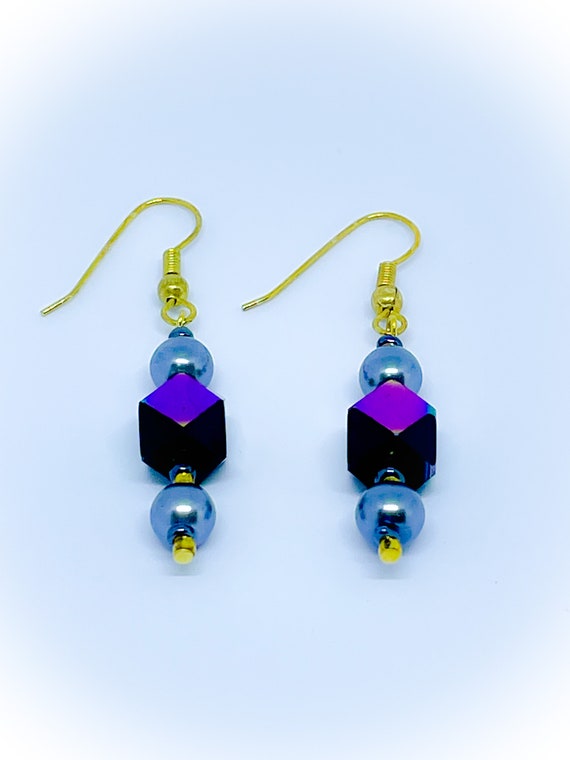 Black Aurora Borealis Glass Pierced Earrings With Grey Pearl Beads Dangle Earrings Dropper Earrings Handmade Earrings Gifts for Her Etsy