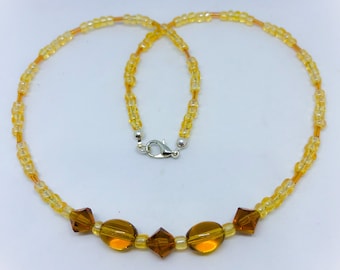 Topaz colour glass bicone and oval bead necklace with cream rocailles and bugle beads Brown glass necklace ladies gift handmade necklace