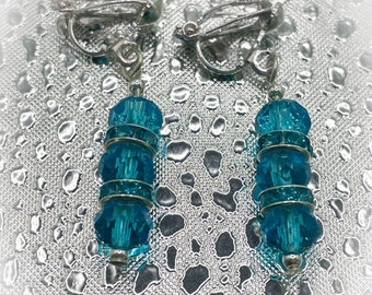 Turquoise Blue Triple Faceted Crystal Glass with Turquoise Blue Diamanté Rondelle Beads Clip On Earrings for non pierced ears - ladies gift
