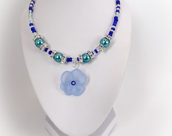 Light Blue Pansy Flower Necklace Pendant with Aurora Borealis crystal rondelles and blue & clear seed beads 18 inch Necklace-Gifts for women