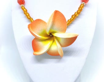 Orange Foam Flower Necklace, Faceted Crystal & Seed Bead Jewelry