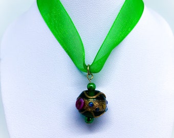 Venetian style Emerald Green glass bead necklace on Emerald Green Organza Ribbon by JulieDeeleyJewellery on Etsy Ladies Jewelry