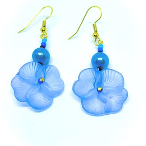 Light Blue Pansy Flower Earrings with Light Blue Pearl Beads and mixed blue glass seed beads dangle dropper earrings handmade gifts for her