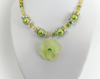 Green Pansy Flower Necklace Pendant with crystal rondelles and green & gold and silver colour beads 18 inch Necklace-Gifts for women