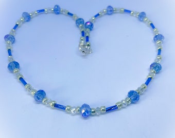 Denim Blue Aurora Borealis Faceted Crystal Glass Bead and Twisted Bugle Bead Handmade Necklace approx 16 inches handmade gift for her