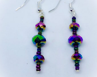 Aurora Borealis Faceted Bead 2 inch handmade bead earrings for pierced ears gifts for her ladies gift ladies handmade peacock earrings