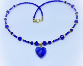 Dark Blue Glass Heart and Faceted Crystal Handmade Necklace with Blue Faceted Glass Heart Pendant ladies gift handmade blue heart necklace