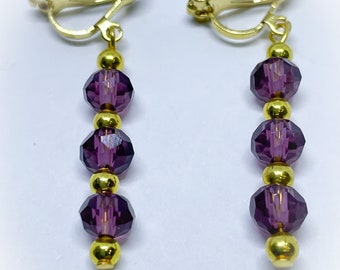 Amethyst Purple Triple Crystal Faceted Crystal Dangle Dropper Clip On Earrings for non pierced ears handmade earrings danglers clip ons