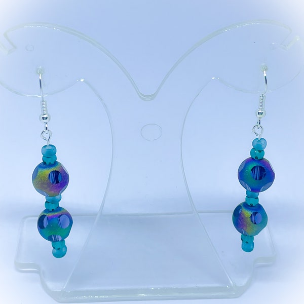 Teal Glass and Frosted Teal Glass Faceted Spotty Dotty Peacock Bead Earrings for pierced ears handmade ladies gift for her