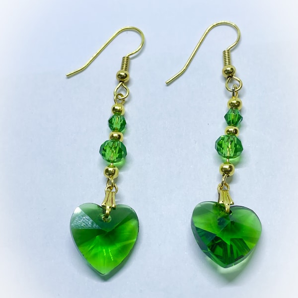 Green Glass Heart and Faceted Crystal Handmade Earrings with Green Faceted Glass Heart for Pierced Ears ladies handmade green heart earrings