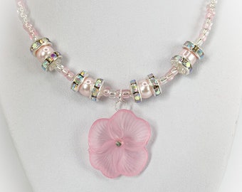 Light Pink Pansy Flower Necklace Pendant with clear crystal rondelles and pink and clear colour seed beads 18 inch Necklace-Gifts for women
