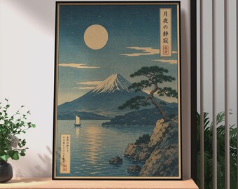 Retro Japanese Mount Fuji Moon Night Poster, Woodblock Style Wall Art Print