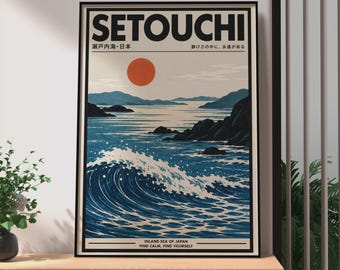 Retro Japanese Setouchi Poster, Japanese Ocean Wave Print, Retro Japanese Travel Poster