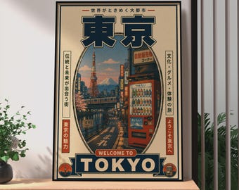 Plakat retro z japońskiego Tokio, sztuka ścienna miasta Shibuya, wieża tokijska, wydruk z góry Fuji