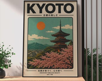 Retro Japanese Kyoto Pagoda Poster, Cherry Blossom Wall Art, Vintage Japan Zen Print