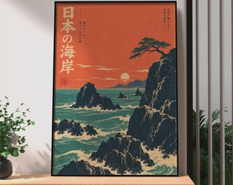 Retro Japanese Coastal Sunset Poster, Ukiyo-e Rocky Shoreline Wall Art, Japan Sea Print