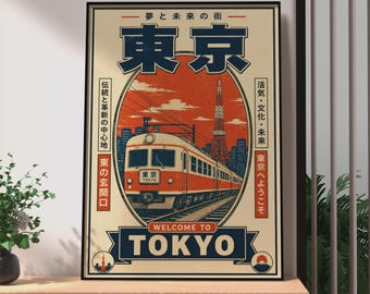 Plakat podróżniczy Retro Tokyo, japoński wydruk artystyczny pociągu retro Tokyo, dekoracja ścienna z japońskiego magazynu podróżniczego w stylu vintage