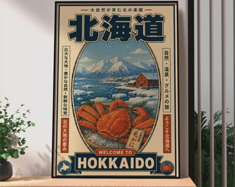 Plakat retro z japońskiego Hokkaido, plakat z krabem królewskim, sztuka ścienna z podróży do Japonii