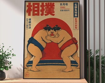 Plakat retro z japońskimi zapasami sumo, reklama vintage z 1985 r., japoński wydruk artystyczny, tradycyjny wystrój artystyczny