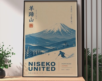 Retro Japanese Niseko Ski Poster, Hokkaido Japan Skiing Wall Art, Vintage Resort Print