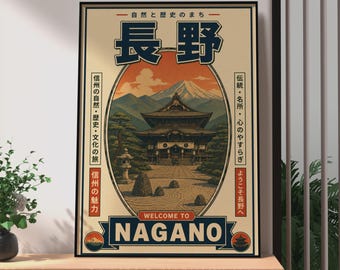 Plakat podróżniczy z Nagano w stylu retro, wydruk artystyczny z magazynu Zen Temple, japońska sztuka ścienna, plakat z japońskiego magazynu podróżniczego w stylu vintage