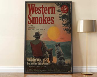 Plakat retro Marlboro, plakat z nadrukiem Marlboro, grafika z paleniem w stylu retro, sztuka ścienna z psem, plakat z paleniem w stylu retro, plakat z reklamą papierosów w stylu retro