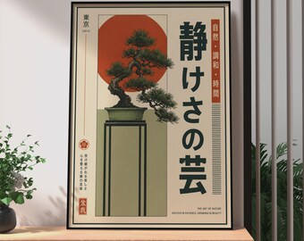 Plakat z japońskim drzewem bonsai w stylu retro, wydruk z Tokio, japońska sztuka ścienna zen, japońska dekoracja ścienna z naturą