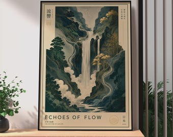 Plakat z japońskim wodospadem w stylu retro, sztuka ścienna z japońską przyrodą, plakat z japońskim krajobrazem w stylu retro