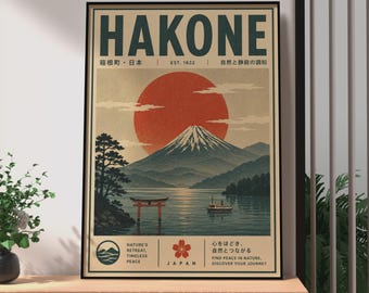 Retro Japanese Hakone Travel Poster, Mount Fuji Art, Torii Gate Lake Print