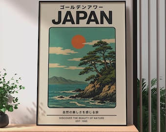 Retro Japanese Coastal Pine Tree Poster, Japan Travel Wall Art, Vintage Red Sun Print