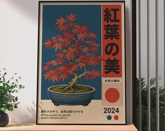 Retro Japanese Bonsai Poster, Red Maple Tree Wall Art, Vintage Japan Botanical Print