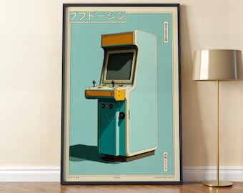 May include: A framed print featuring a vintage arcade game cabinet in shades of teal, yellow, and orange. The cabinet has a screen, joysticks, and buttons. Japanese text is visible at the top and bottom of the print. The artwork is set against a light teal background.