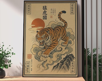Retro Japanese Tiger Poster, Ukiyo-e Style Wall Art, Rising Sun Print, Kanji Decor