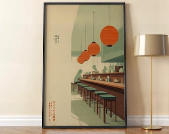 Plakat z barem ramen w stylu retro, sztuka ścienna w stylu vintage w stylu japońskim, wystrój kuchni w stylu retro, wydruk w stylu retro w stylu japońskim, minimalistyczny plakat z motywem japońskim, plakat z japońskim jedzeniem