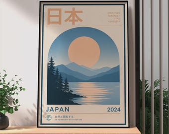 Retro Japanese Travel Poster, Japan Nature Lake Sunset Wall Art, Minimalist Japanese Nature Print
