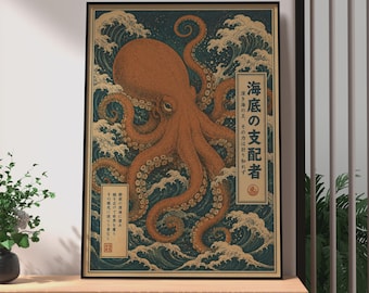 Retro Japanese Octopus Print, Vintage Ocean Waves Art, Japanese Sea Life Decor, Japanese Nature Wall Art