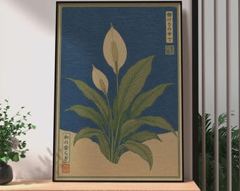 Retro Japanese Peace Lily Art, Minimalist Floral Wall Print, Peace Lily Poster, Vintage Nature Decor