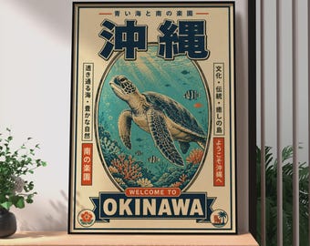 Plakat podróżniczy retro z Okinawy, grafika ścienna z żółwiem morskim, plakat z japońskiego magazynu podróżniczego w stylu vintage