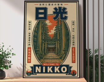 Plakat podróżniczy Retro Nikko, Świątynia Leśna Bramy Torii, Wydruk Japońskiego Magazynu Podróżniczego