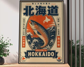 Plakat podróżniczy Retro Hokkaido, sztuka z łososiem, wydruk z japońskiego magazynu w stylu vintage