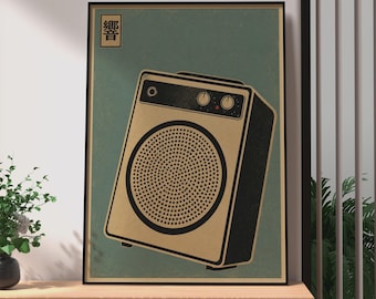 Retro Japanese Speaker Amp Poster, Vintage Kanji Music Wall Art, Teal Print