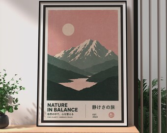 Retro Japanese Mountain Poster, Japanese Nature Wall Art, Japanese Mountain Landscape Print