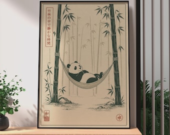 Retro Japanese Panda Art Print, Cute Panda in Hammock, Japanese Bamboo Forest Decor