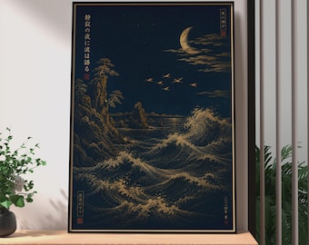 Plakat retro z japońską nocną falą, granatowo-złota sztuka oceaniczna, wydruk ukiyo-e na morzu oświetlonym księżycem