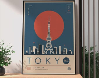 Plakat z japońskim miastem w stylu retro Tokyo Tower, grafika ścienna z panoramą Japonii, wydruk w stylu vintage