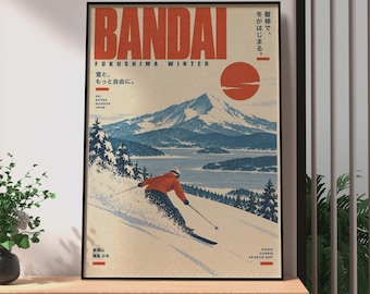 Retro Japanese Ski Poster, Bandai Fukushima Winter Ad, Japan Mountain Wall Art