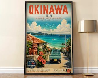 Plakat podróżniczy retro z Okinawy, wydruk podróżniczy vintage z Japonii, sztuka ścienna retro z Japonii, reklama retro z Japonii, plakat podróżniczy z tropikalnej Okinawy