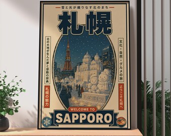 Plakat podróżniczy z japońskiego Sapporo w stylu retro, grafika ścienna z Festiwalu Śniegu, wydruk podróżniczy z japońskiego retro